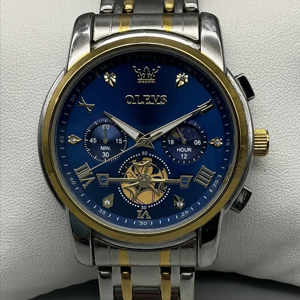 OLEVS 2856G Mens Watch 41mm Blue Dial Two Tone Chronograph New Battery 8.75